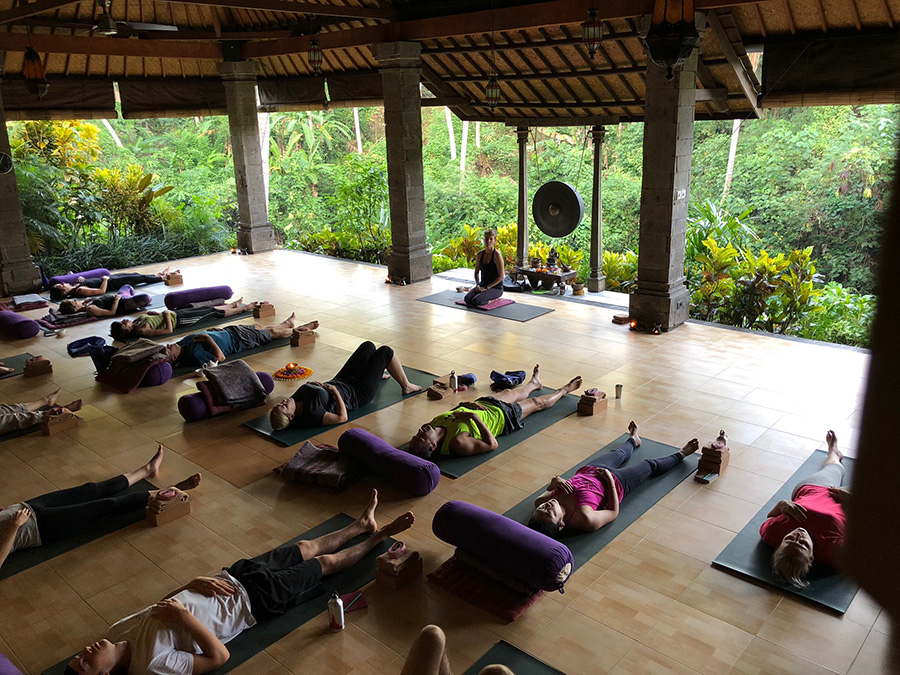 group of people lying on yoga mats
